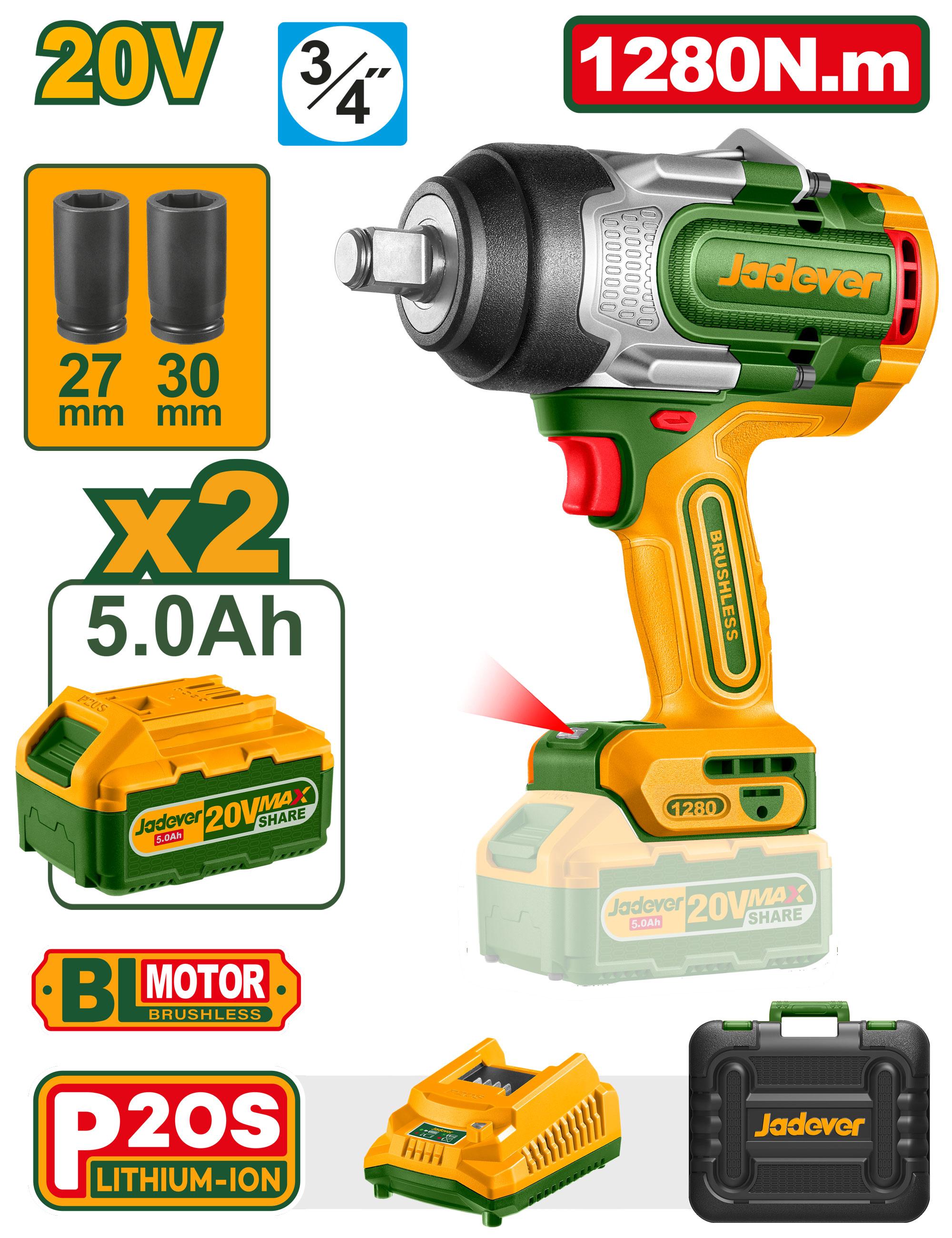 Гайковерт ударный Аккумуляторный Jadever 20V 1280N.m (1x2) 