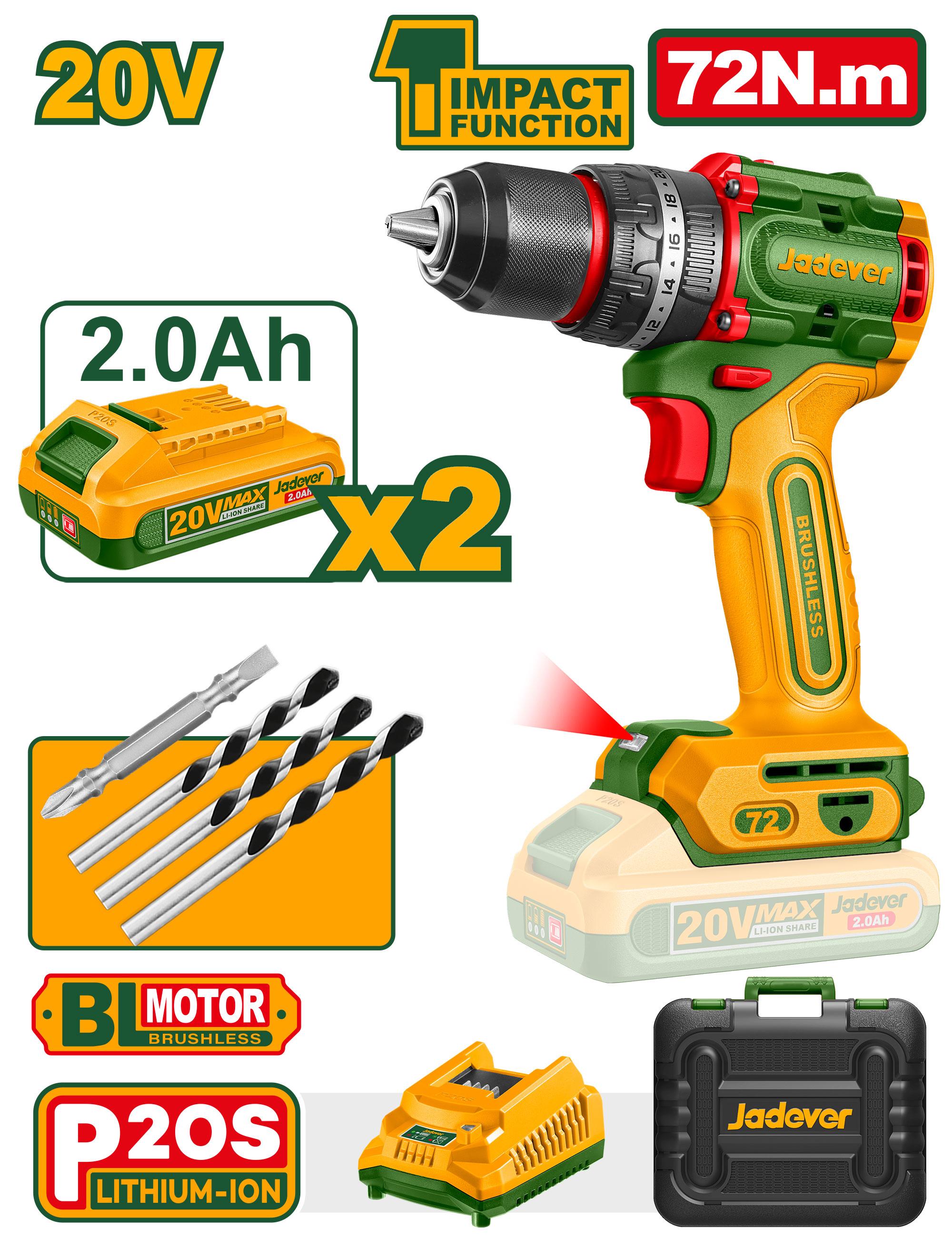 Аккумуляторная ударная дрель-шуруповерт Jadever 72N.m,Бесщеточный (1x5) |*