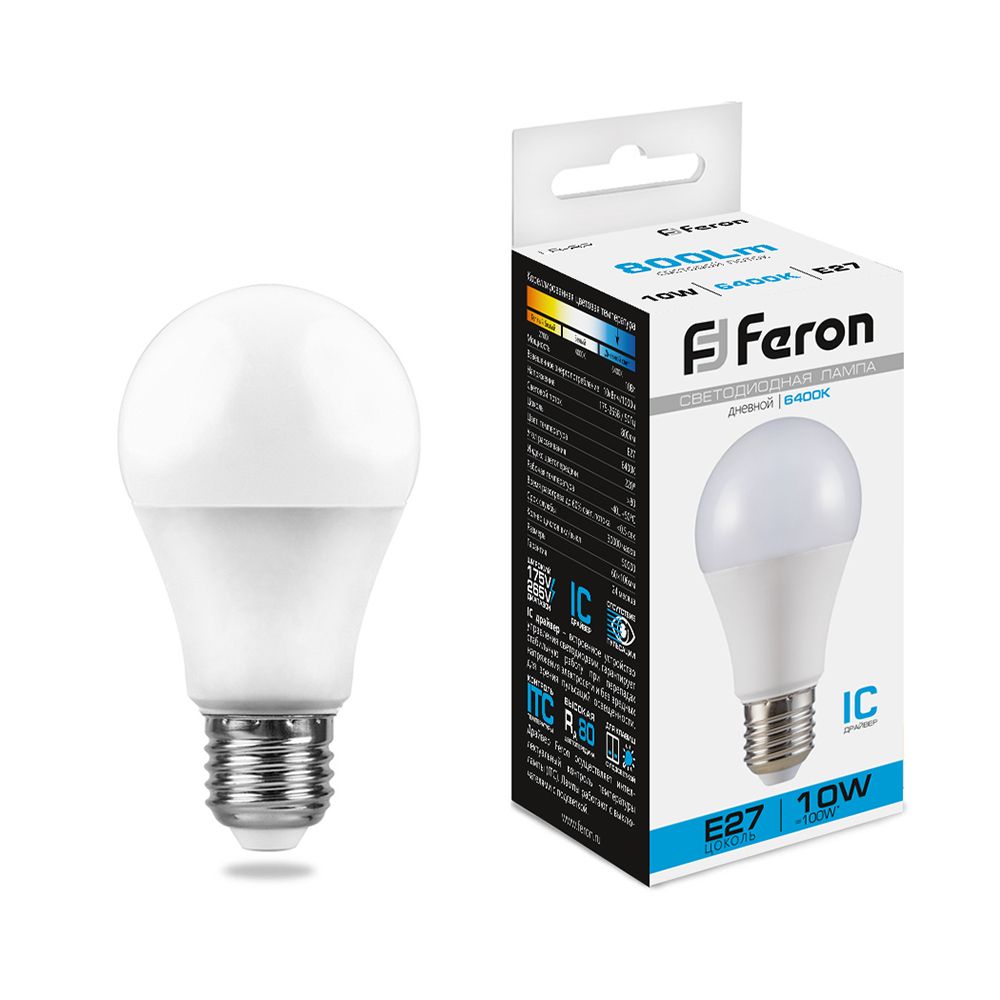 Лампа светодиодная FERON LB-92 (10W) 230V E27 6400K A60 (1*10) (100)   |2