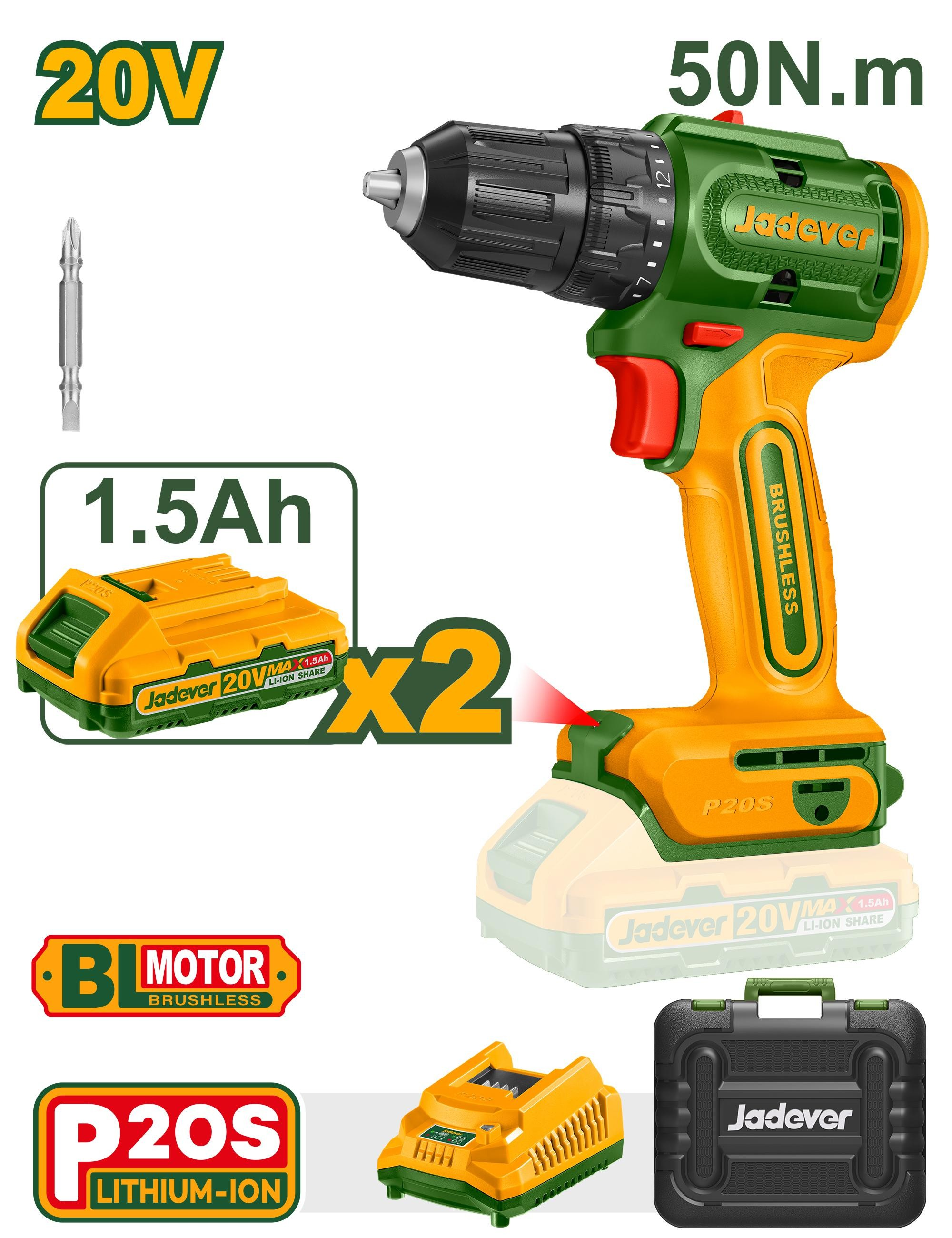 Аккумуляторная дрель-шуруповерт Jadever 20V 50N.m,Бесщеточный (1x5) |*