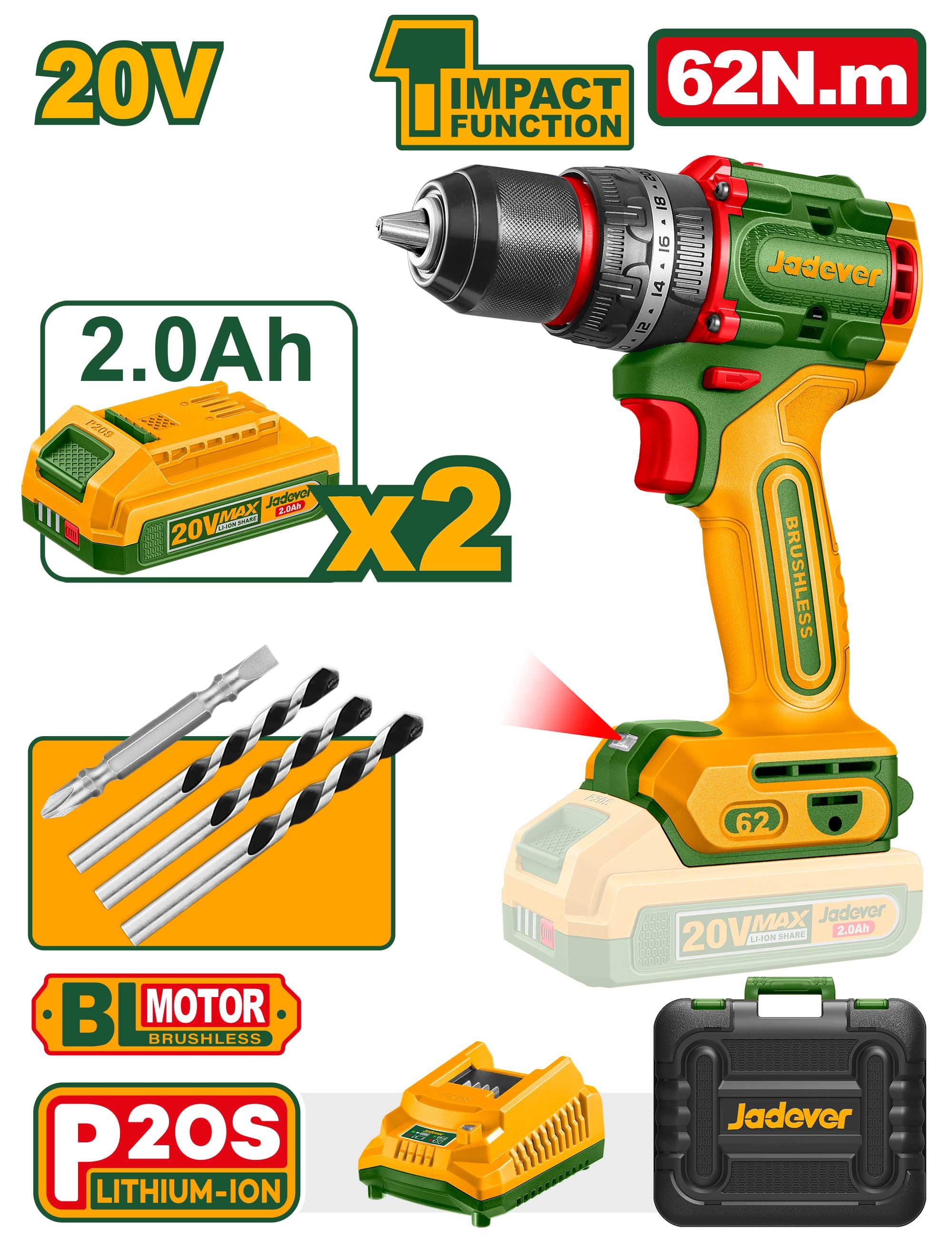 Аккумуляторная ударная дрель-шуруповерт Jadever 62N.m,Бесщеточный (1x5) |*