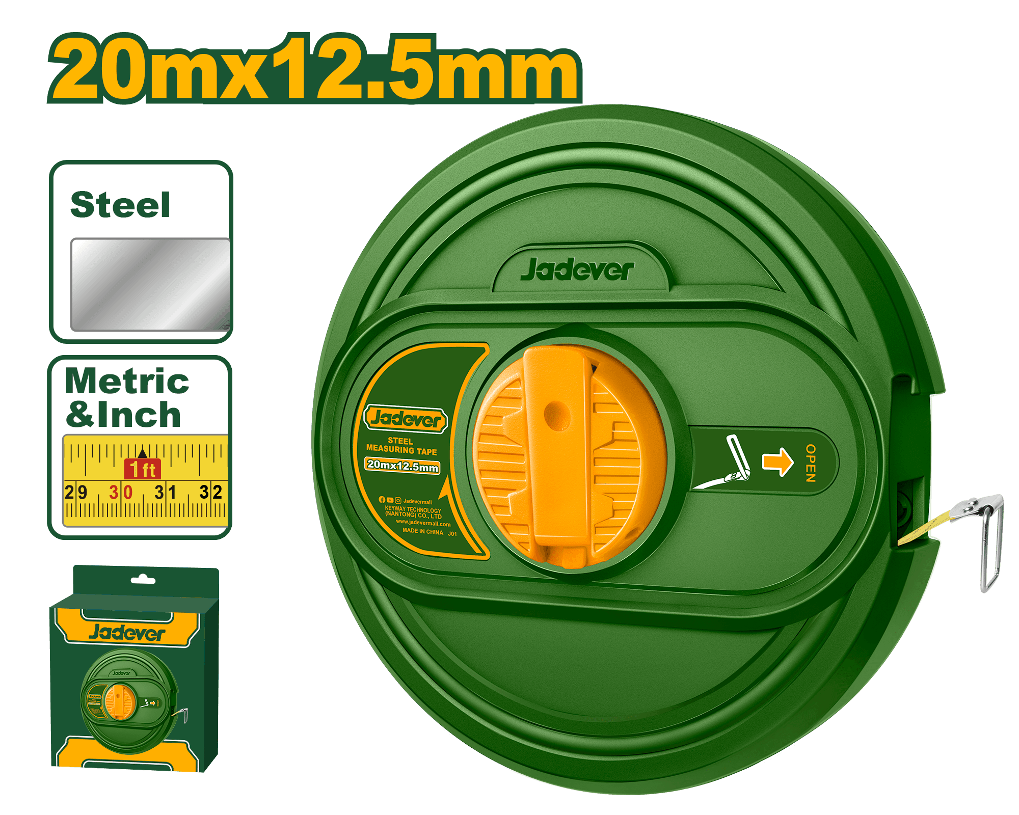 Лента мерная Jadever Круглая Железная 20m x 12,5mm 
