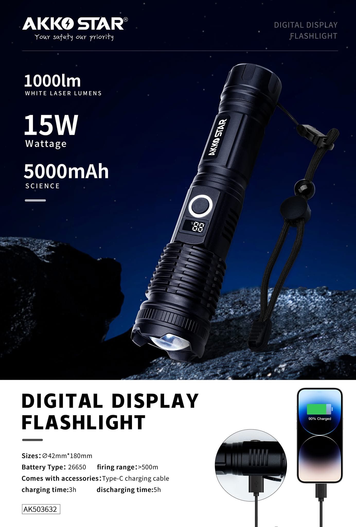 Фонарик AKKO STAR Черный 15W  (1x25)