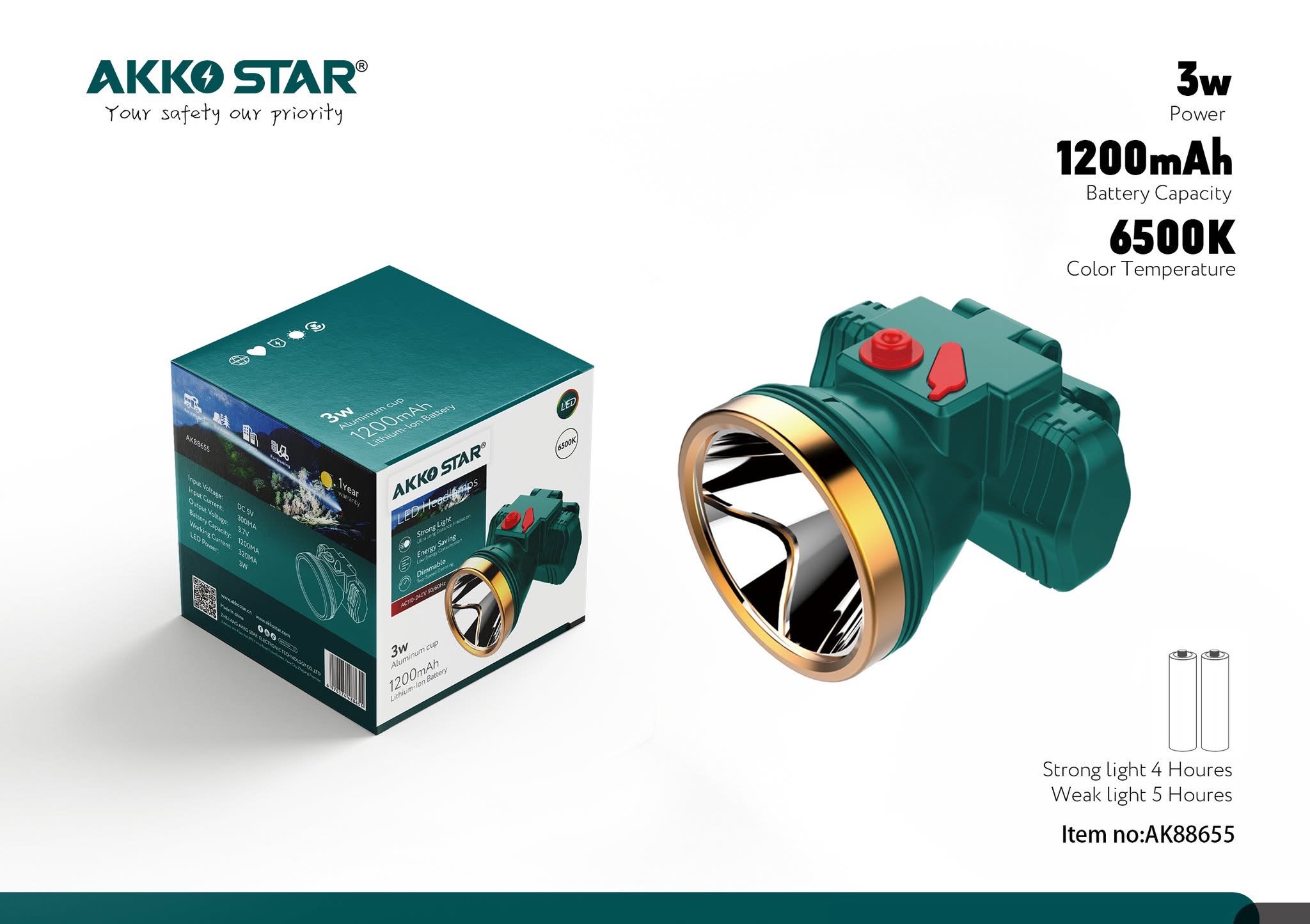 Фонарь Налобный AKKO STAR 3W  (1x120)