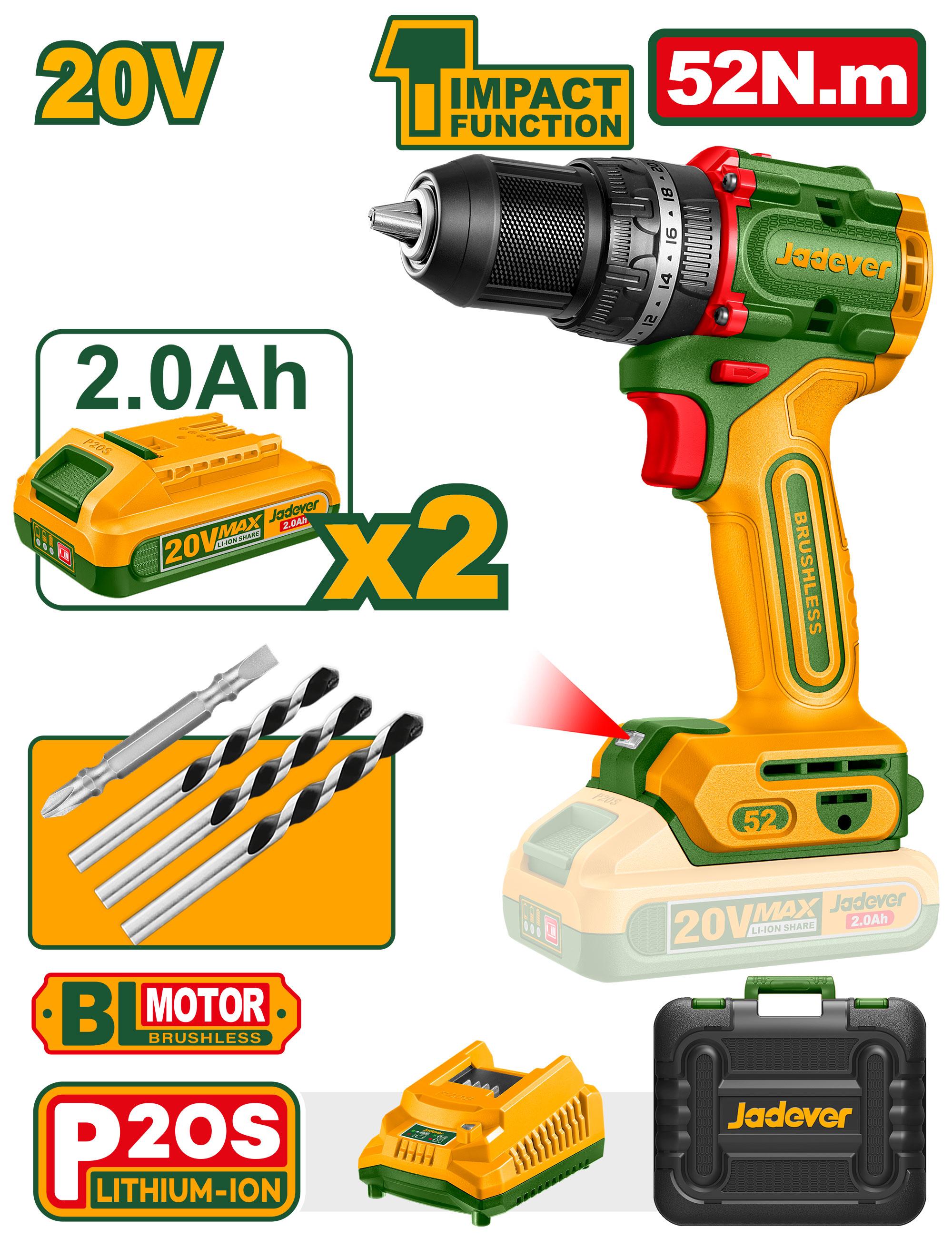 Аккумуляторная ударная дрель-шуруповерт Jadever 52N.m,Бесщеточный (1x5) |*